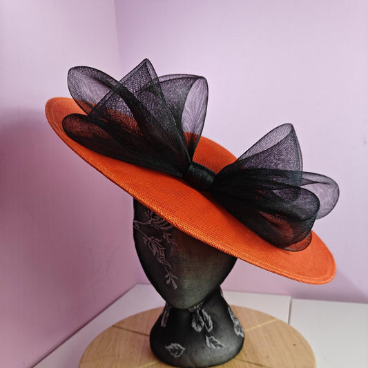 orange black large fascinator wedding hat  Kentucky Derby Royal Ascot bow