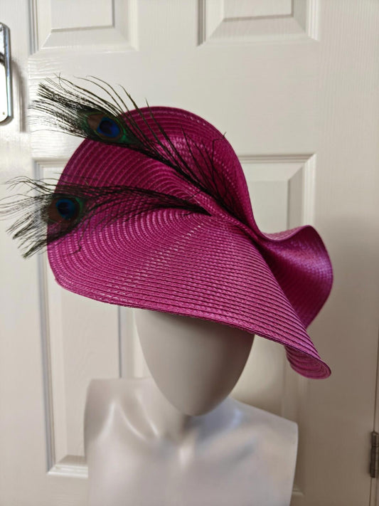 pink large straw fascinator peacock feather millinery headband wedding hat
