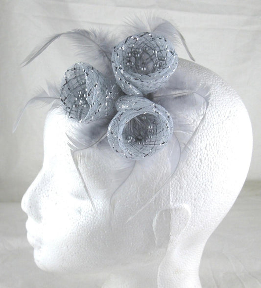 sliver grey fascinator millinery feather brooch clip wedding hair piece ascot