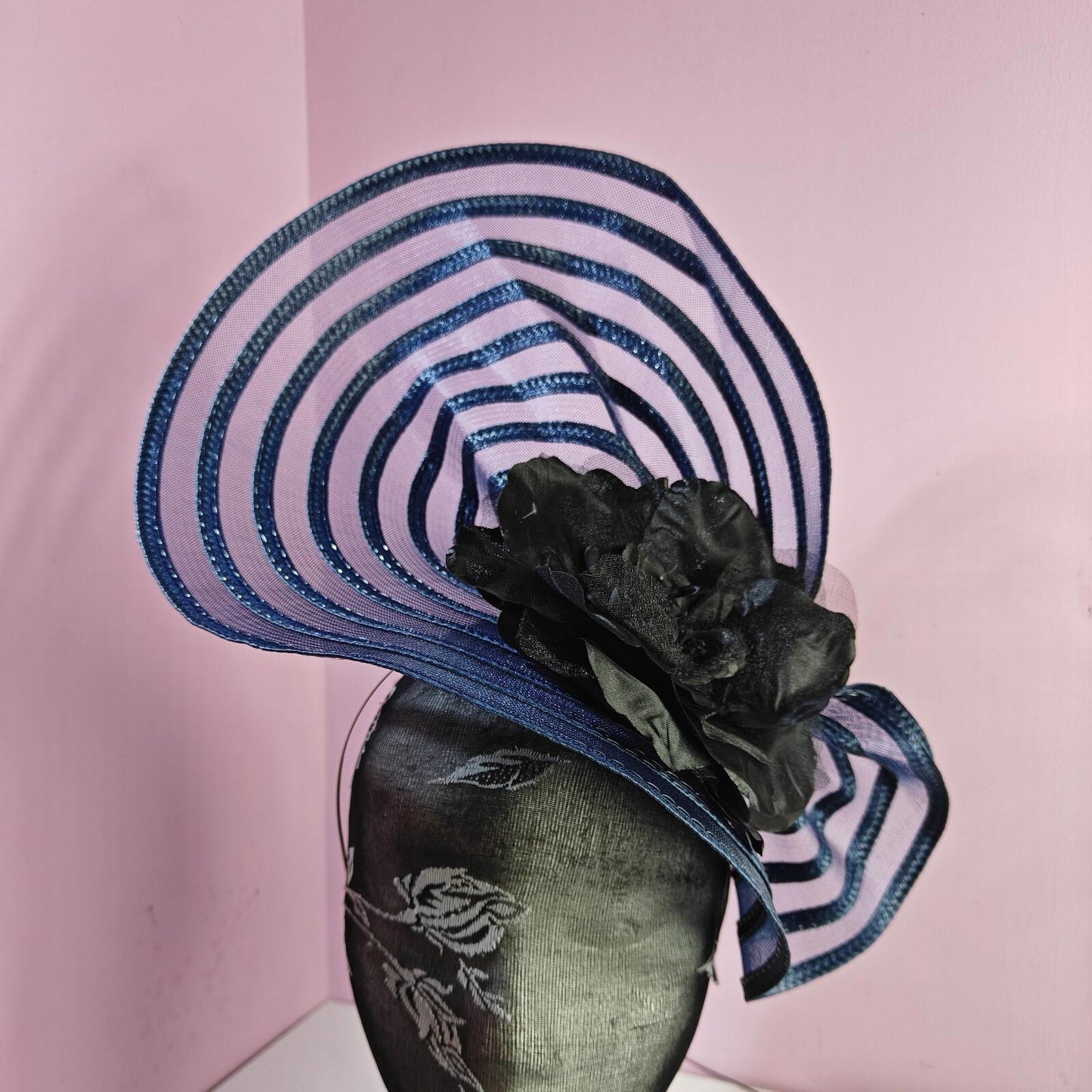 navy black flower fascinator millinery wedding hat Kentucky Derby Royal Ascot