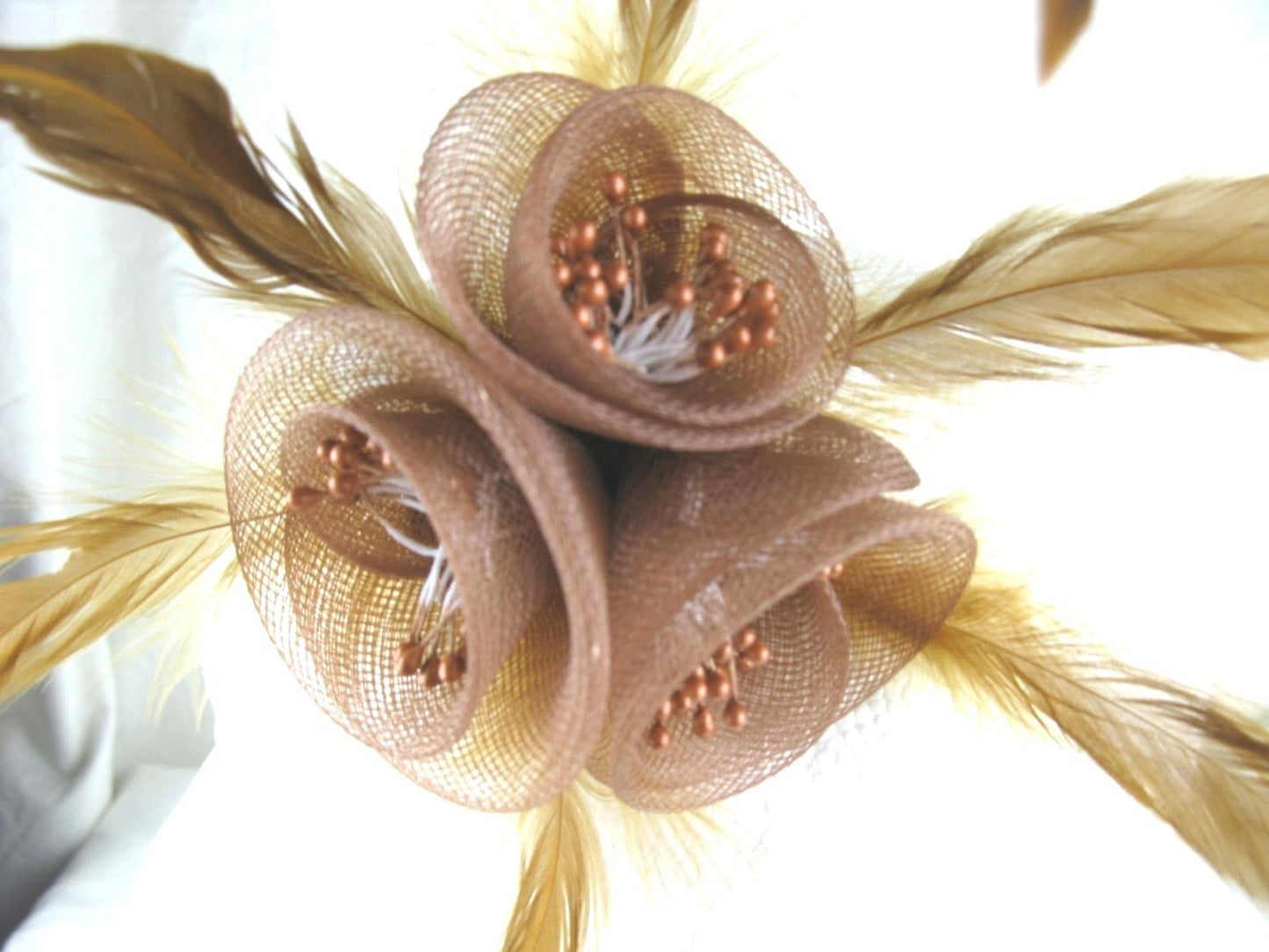 light brown fascinator millinery feather brooch clip wedding hair piece ascot