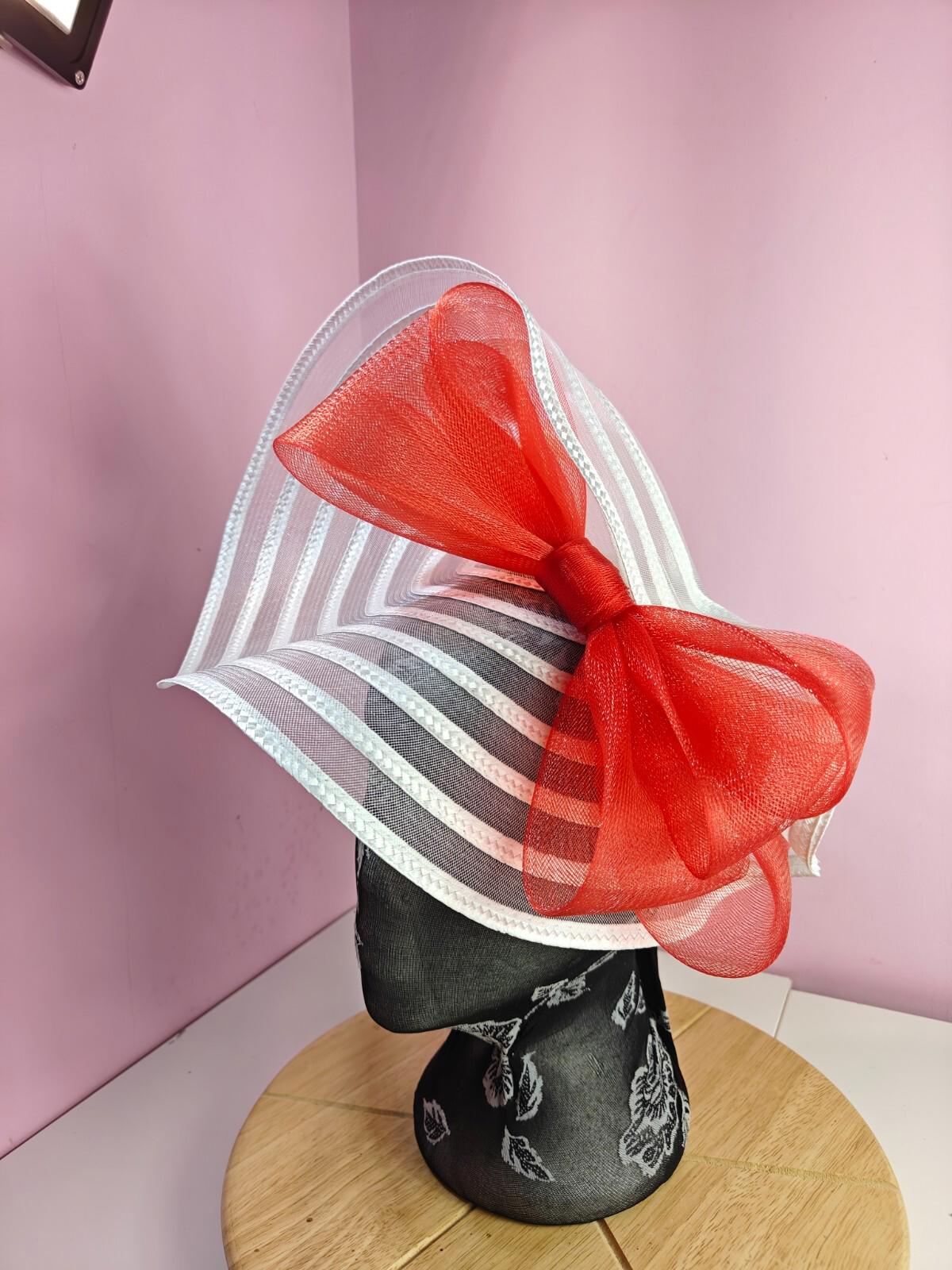 white red bow fascinator millinery wedding hat Kentucky Derby Royal Ascot