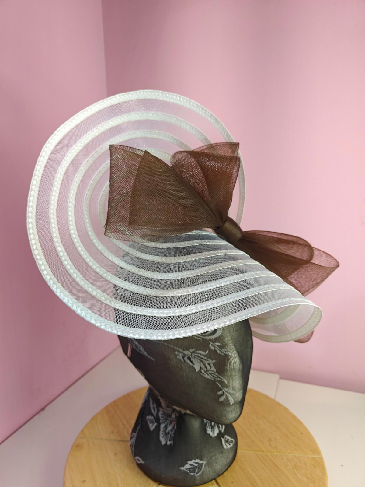 white brown bow fascinator millinery wedding hat Kentucky Derby Royal Ascot