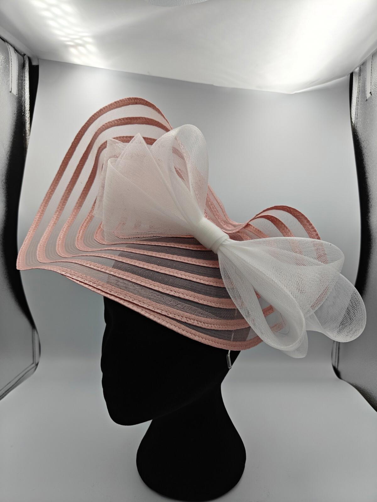 dusky pink white bow straw fascinator millinery burlesque headband wedding hat