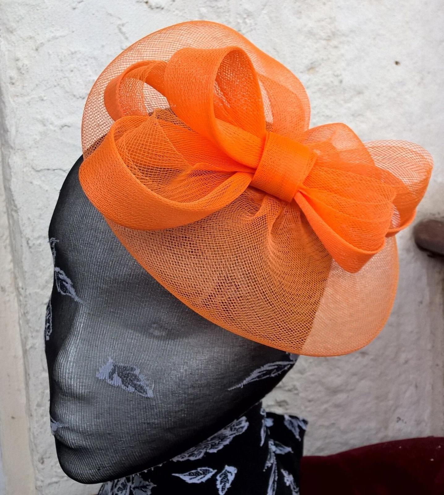 orange fascinator millinery burlesque wedding hat ascot race bridal British