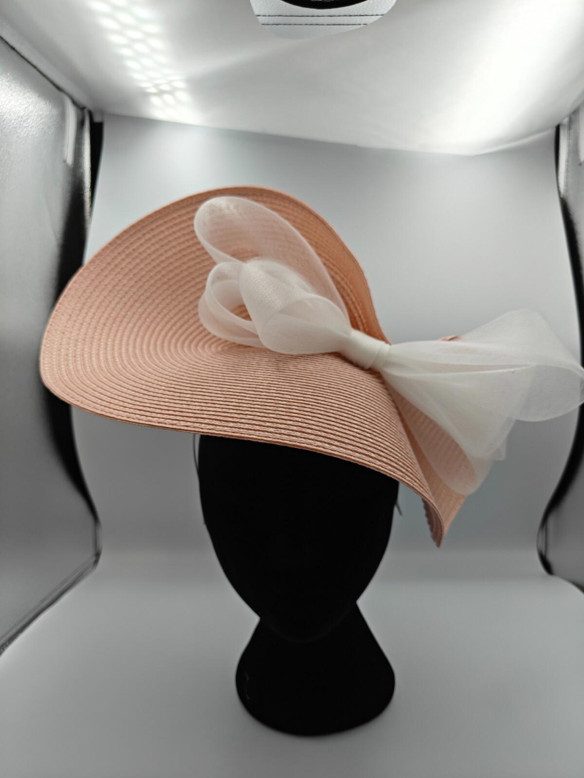 peach pink white bow straw fascinator millinery burlesque headband wedding hat