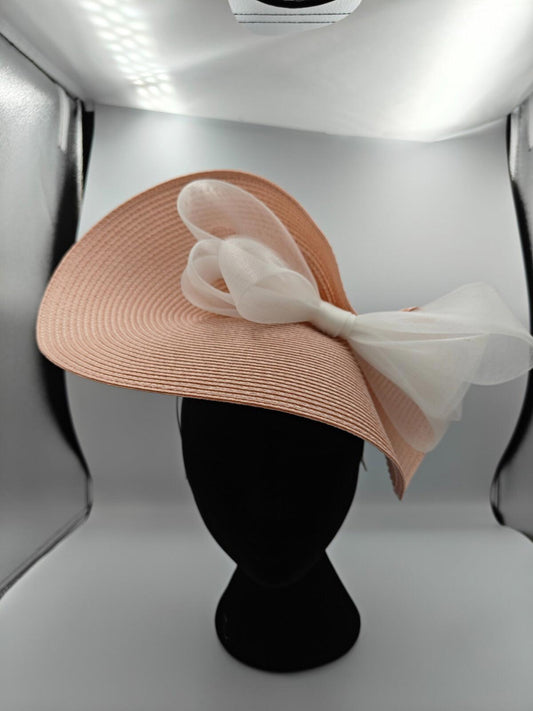 peach pink white bow straw fascinator millinery burlesque headband wedding hat