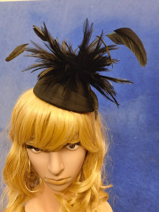 black feather flower felt mini pill box hat veiling veil fascinator wedding