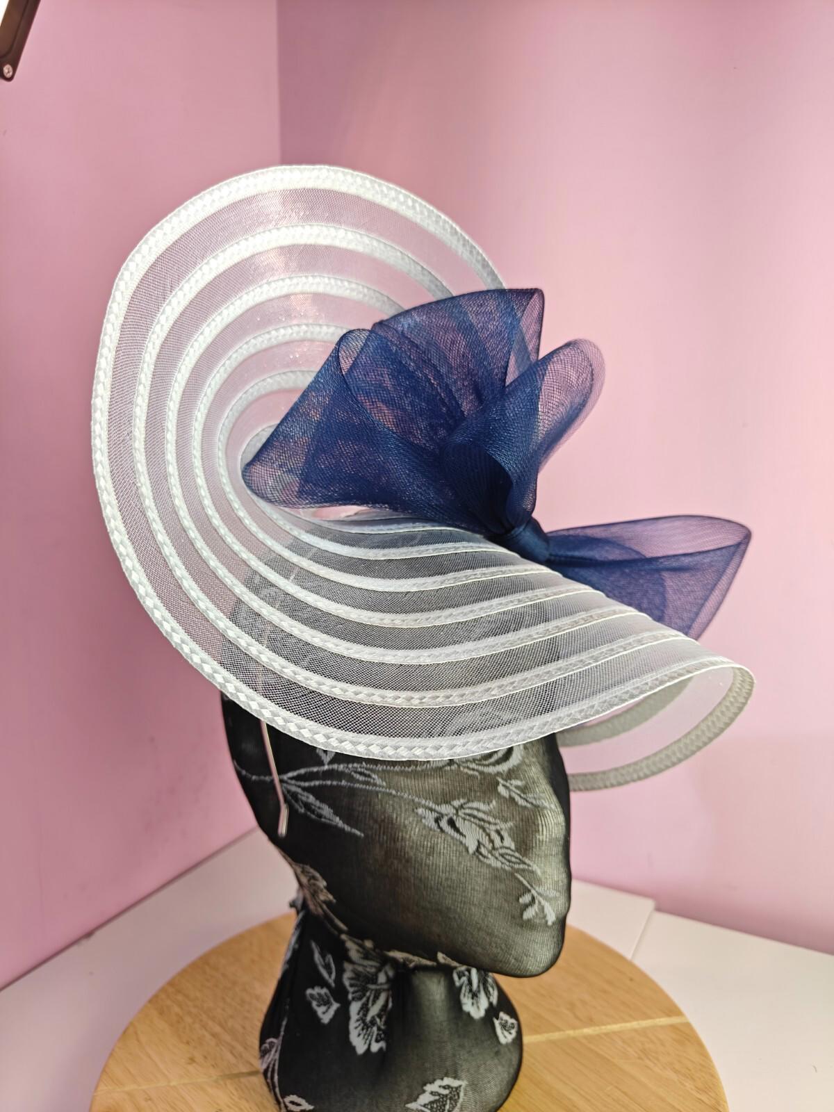 white navy bow fascinator millinery wedding hat Kentucky Derby Royal Ascot