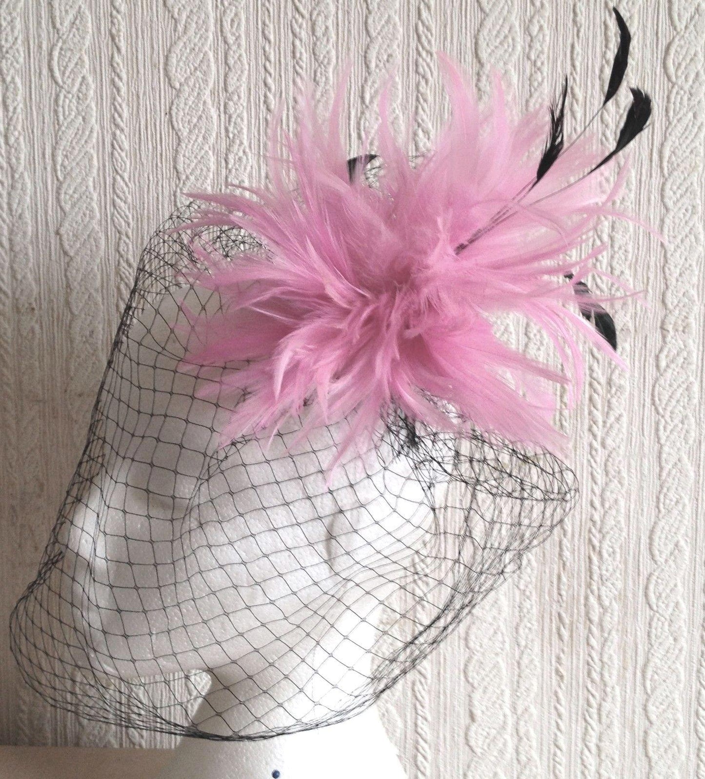 pink feather black veiling fascinator millinery hair clip ascot wedding bridal