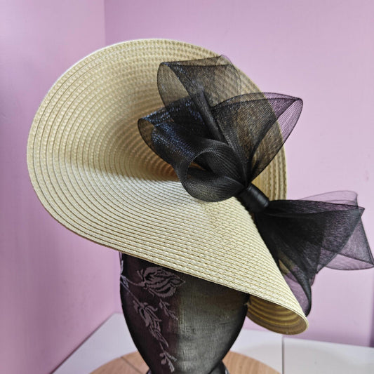 cream black large straw fascinator wedding hat Kentucky Derby Royal Ascot