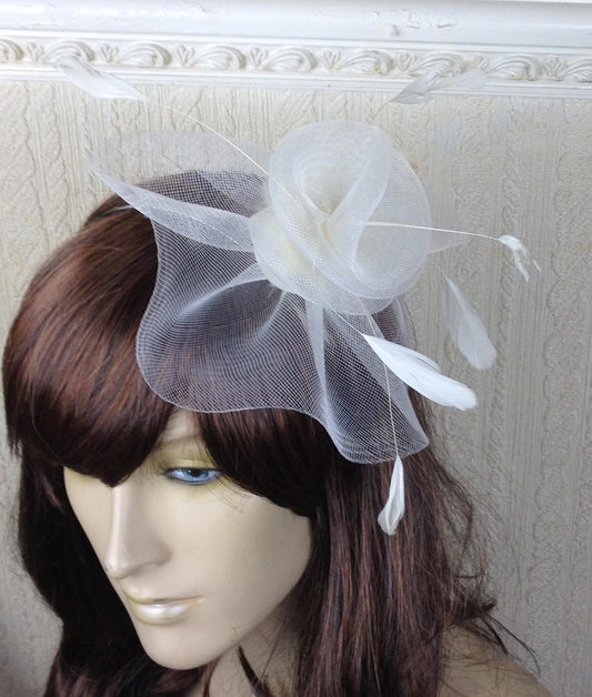 ivory netting feather hair headband fascinator millinery wedding hat ascot race