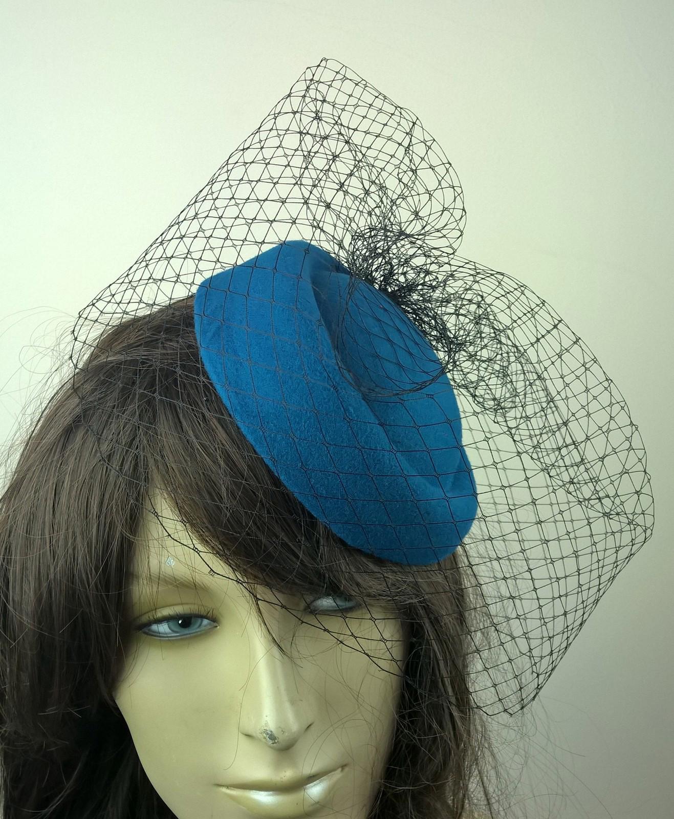 turquoise felt mini pill box hat black veiling french veil fascinator wedding