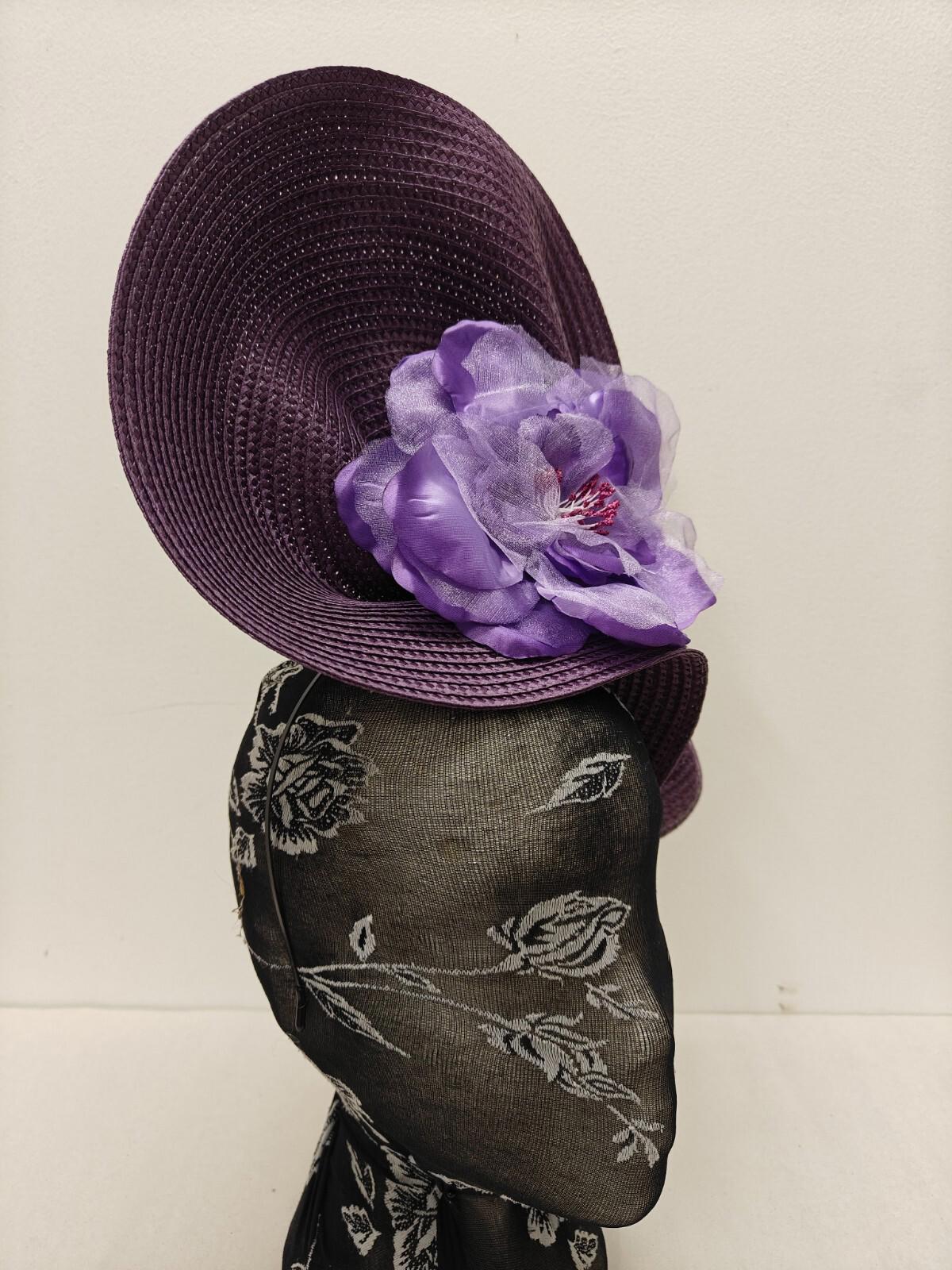 purple flower large straw fascinator millinery burlesque headband wedding hat