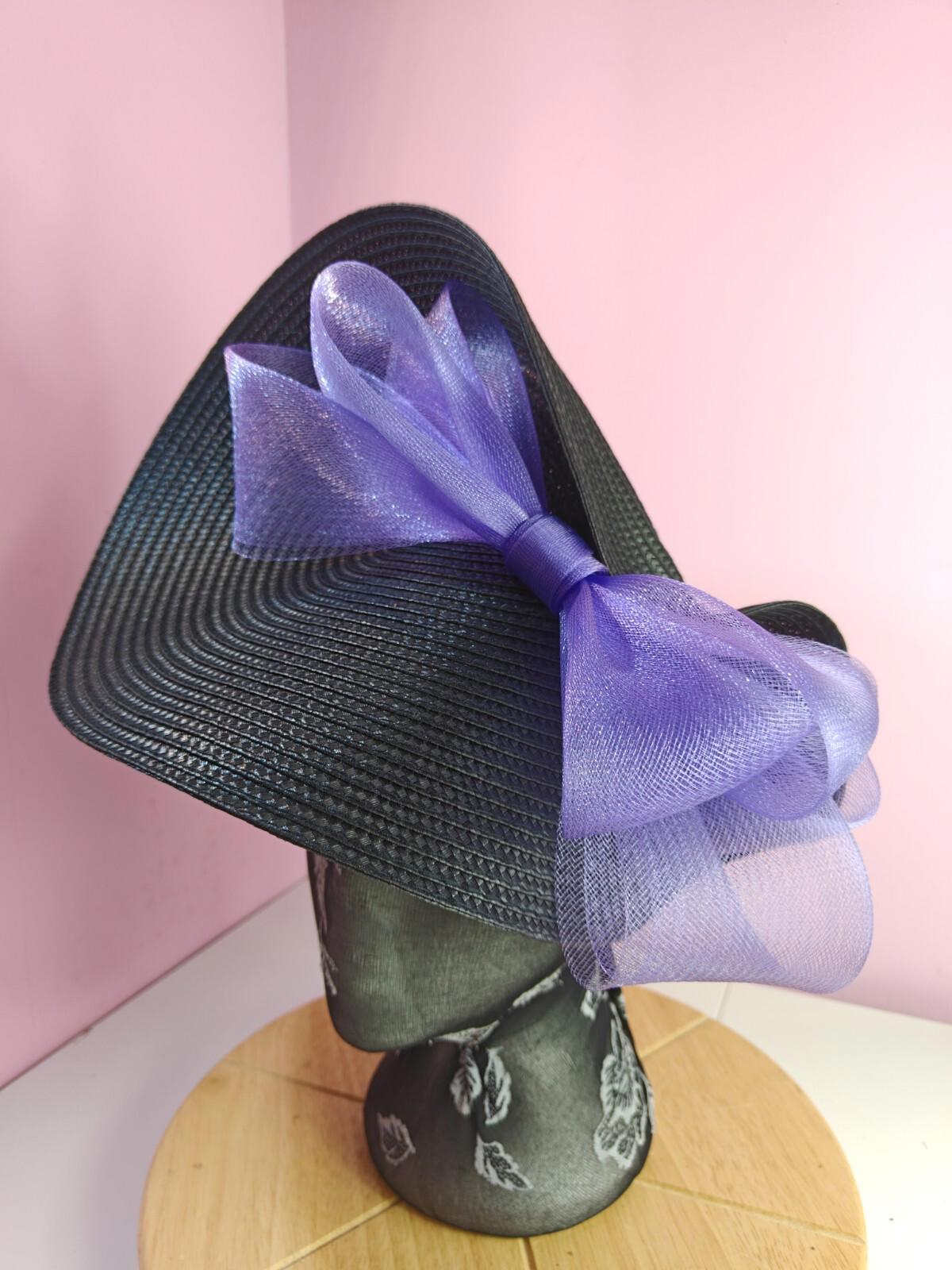 black lilac purple large straw fascinator wedding hat Kentucky Derby Royal Ascot