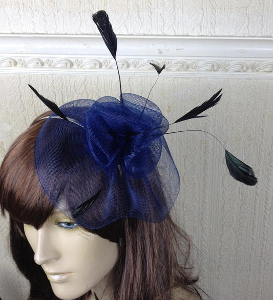 navy dark blue feather hair headband fascinator millinery wedding hat ascot race