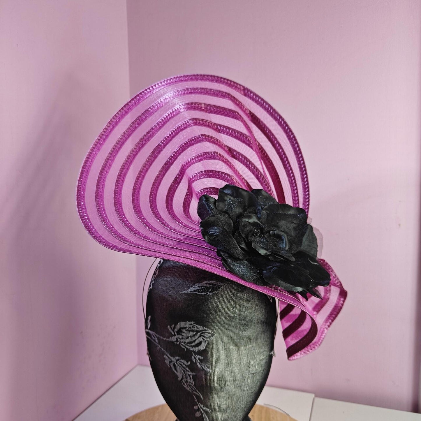 pink black flower fascinator millinery wedding hat Kentucky Derby Royal Ascot