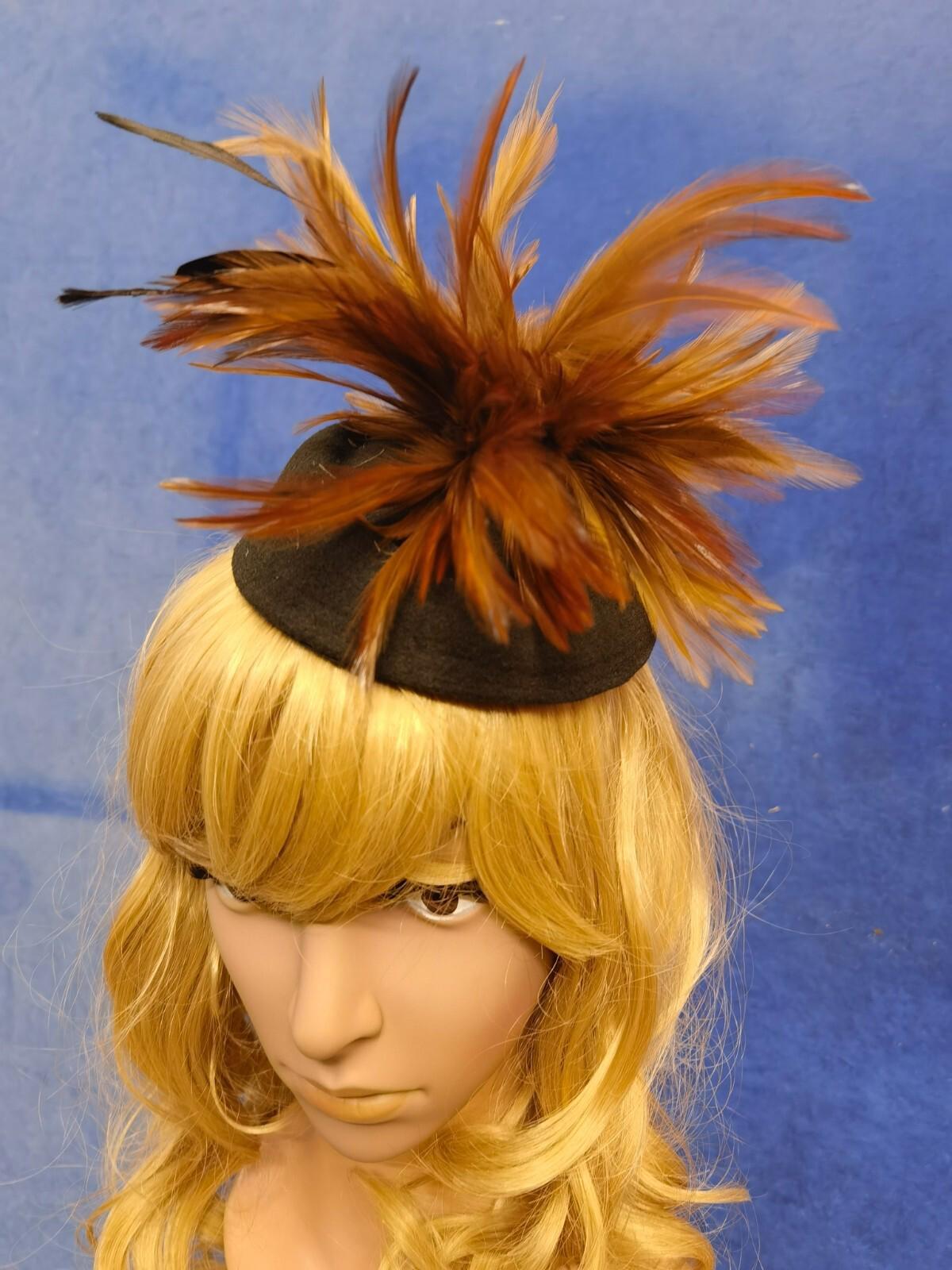 Brown black feather flower felt mini pill box hat veiling veil fascinator