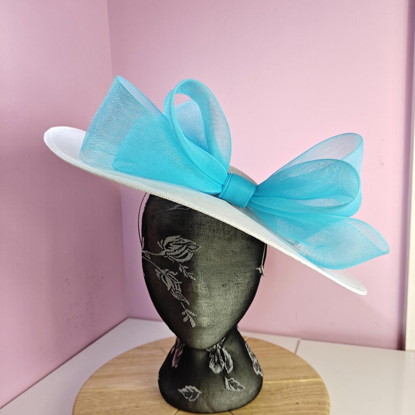 white turquoise large fascinator wedding hat  Kentucky Derby Royal Ascot bow