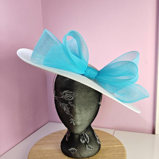 white turquoise large fascinator wedding hat  Kentucky Derby Royal Ascot bow