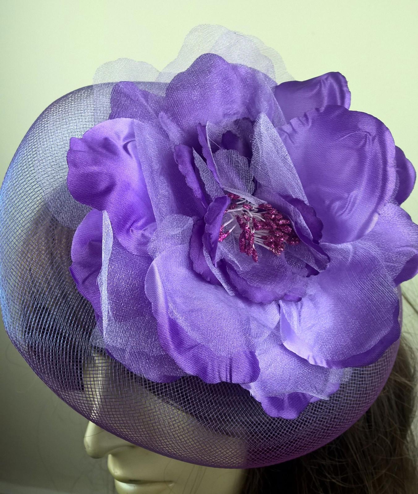 purple satin flower fascinator millinery burlesque wedding hat bridal race
