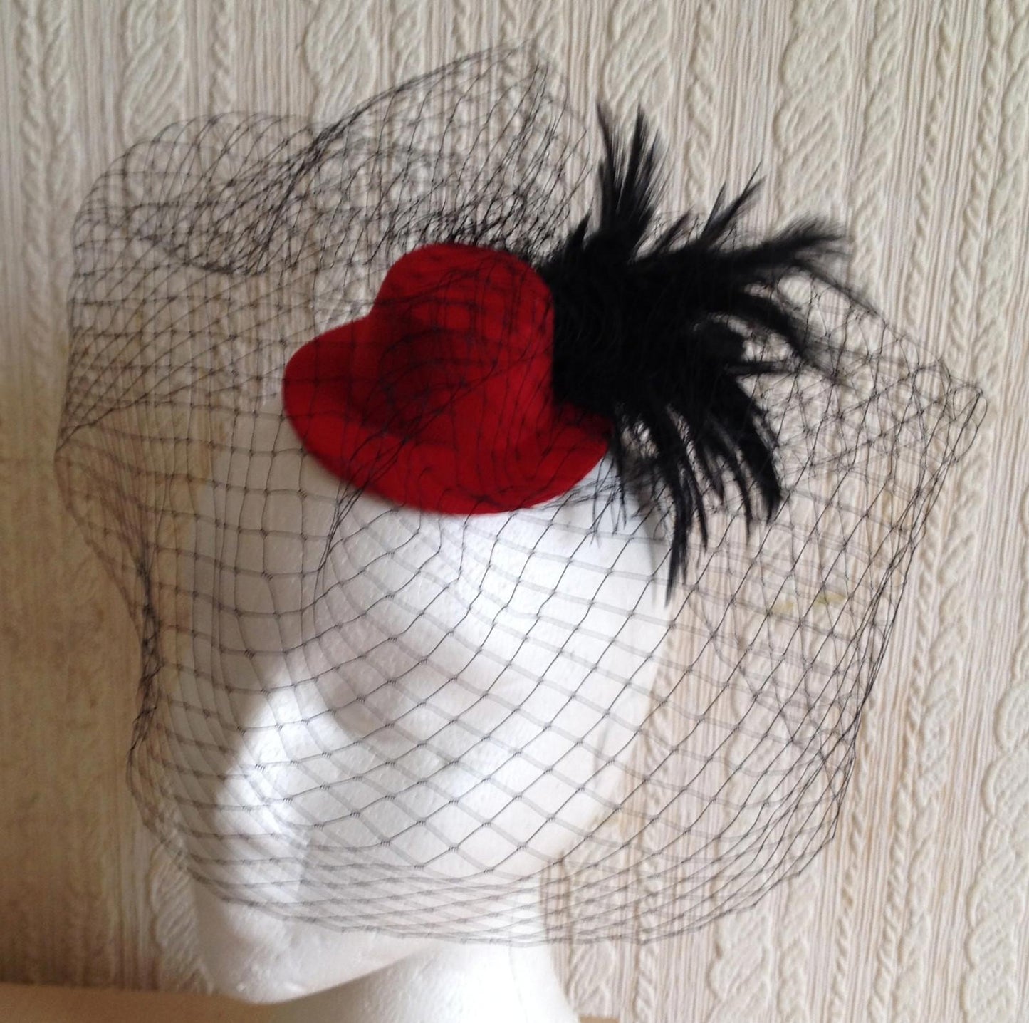 black veiling feather red mini top hat fascinator millinery wedding party race