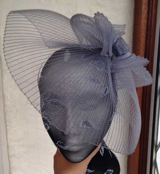 Grey feather fascinator millinery burlesque headband wedding hat hair piece