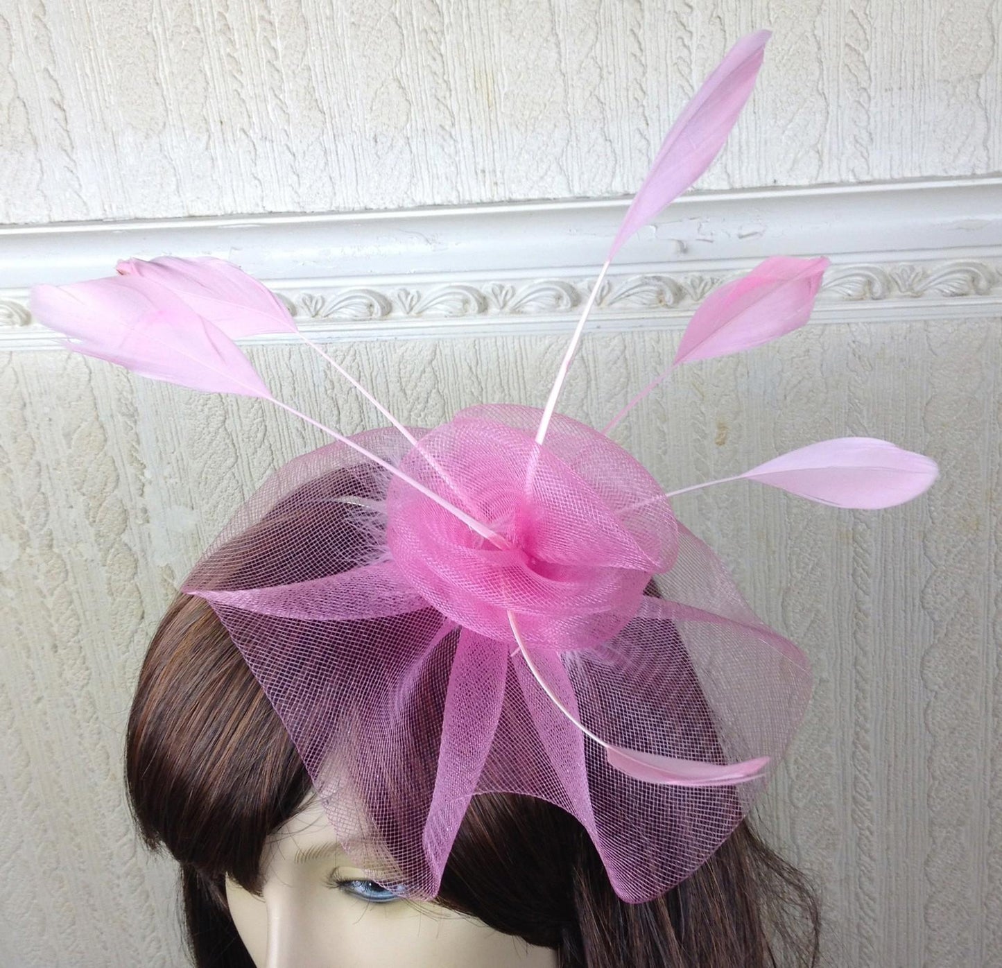pink feather netting hair headband fascinator millinery wedding hat race ascot x