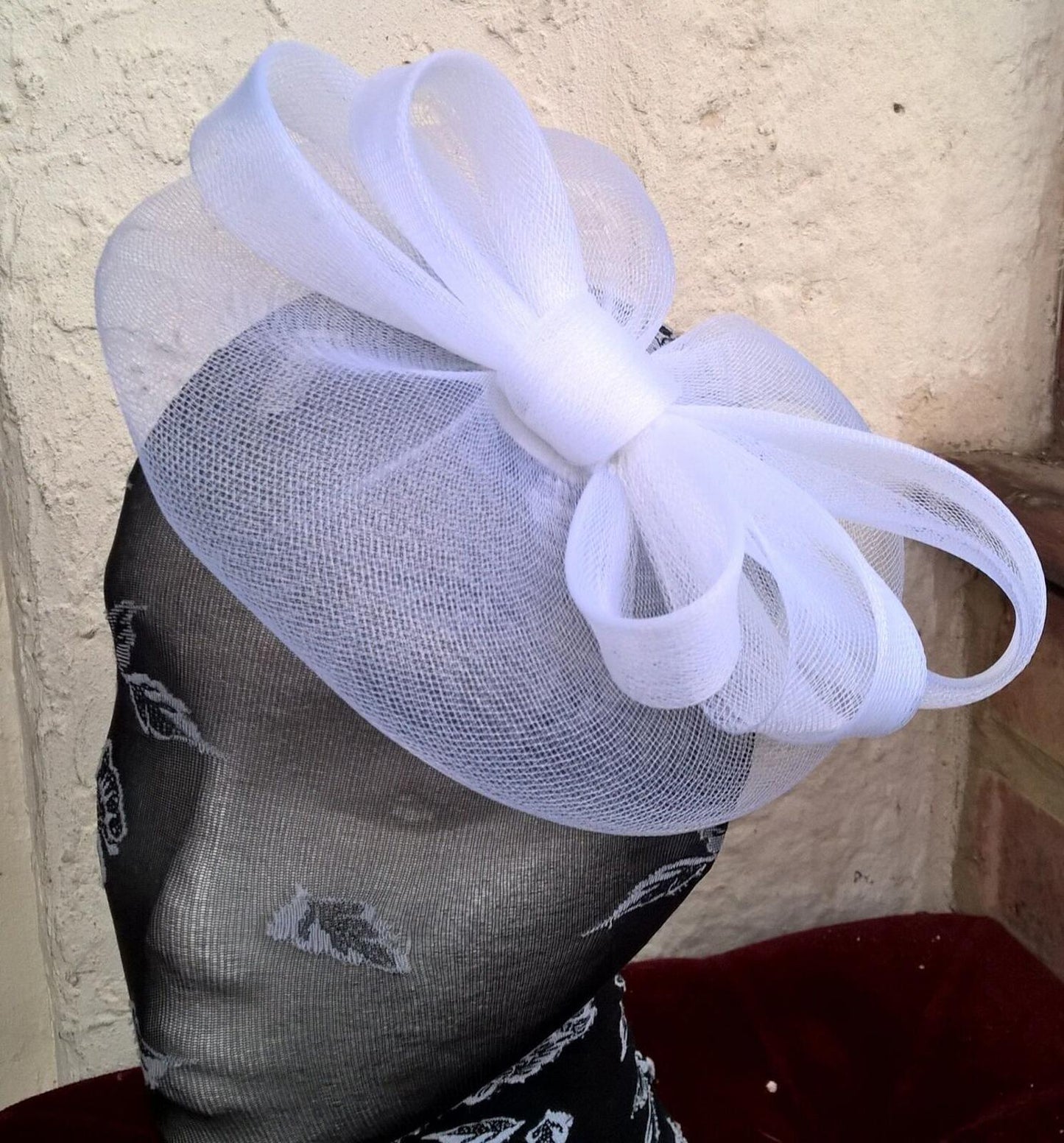 white crin fascinator on headband millinery wedding hat ascot race fancy dress