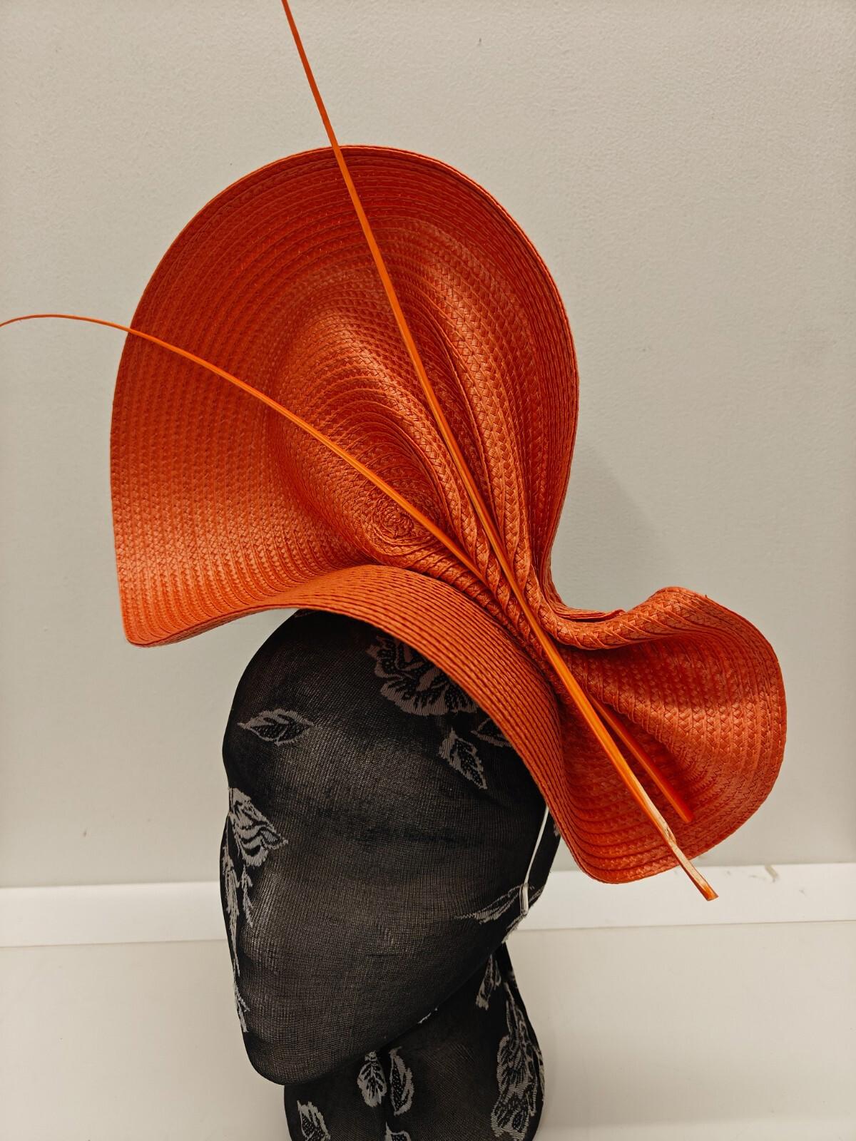 Orange large straw fascinator ostrich quill spine millinery headband wedding hat