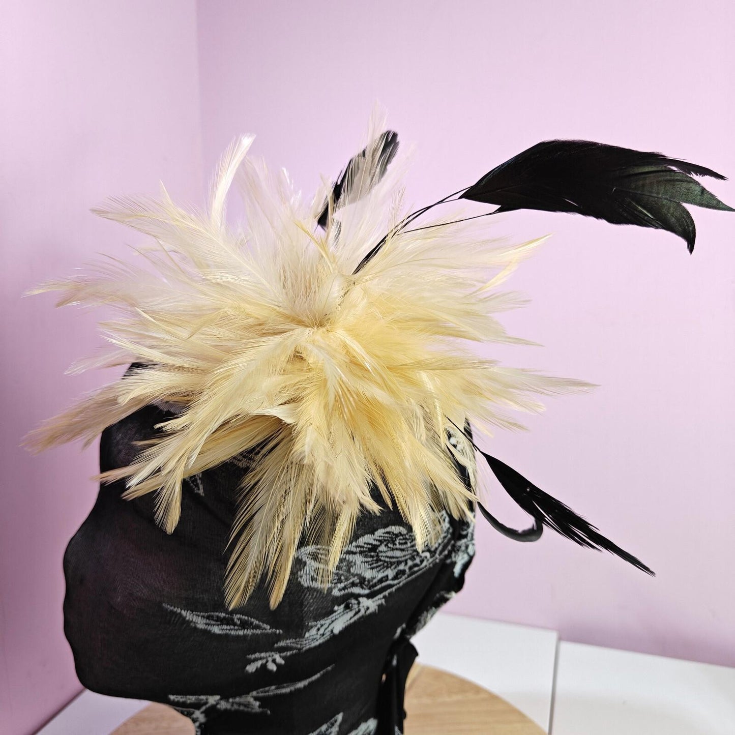 nude cream peach black fascinator millinery feather brooch clip hat