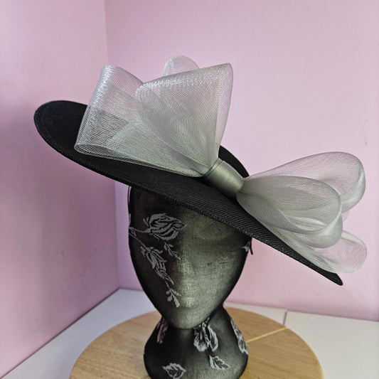 black grey large fascinator wedding hat  Kentucky Derby Royal Ascot bow