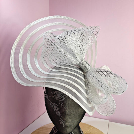 white silver bow fascinator millinery wedding hat Kentucky Derby Royal Ascot