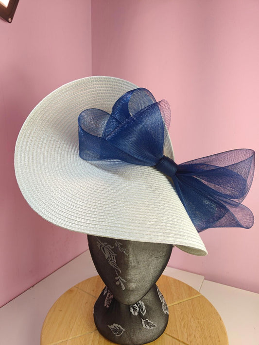 white navy large straw fascinator wedding hat Kentucky Derby Royal Ascot