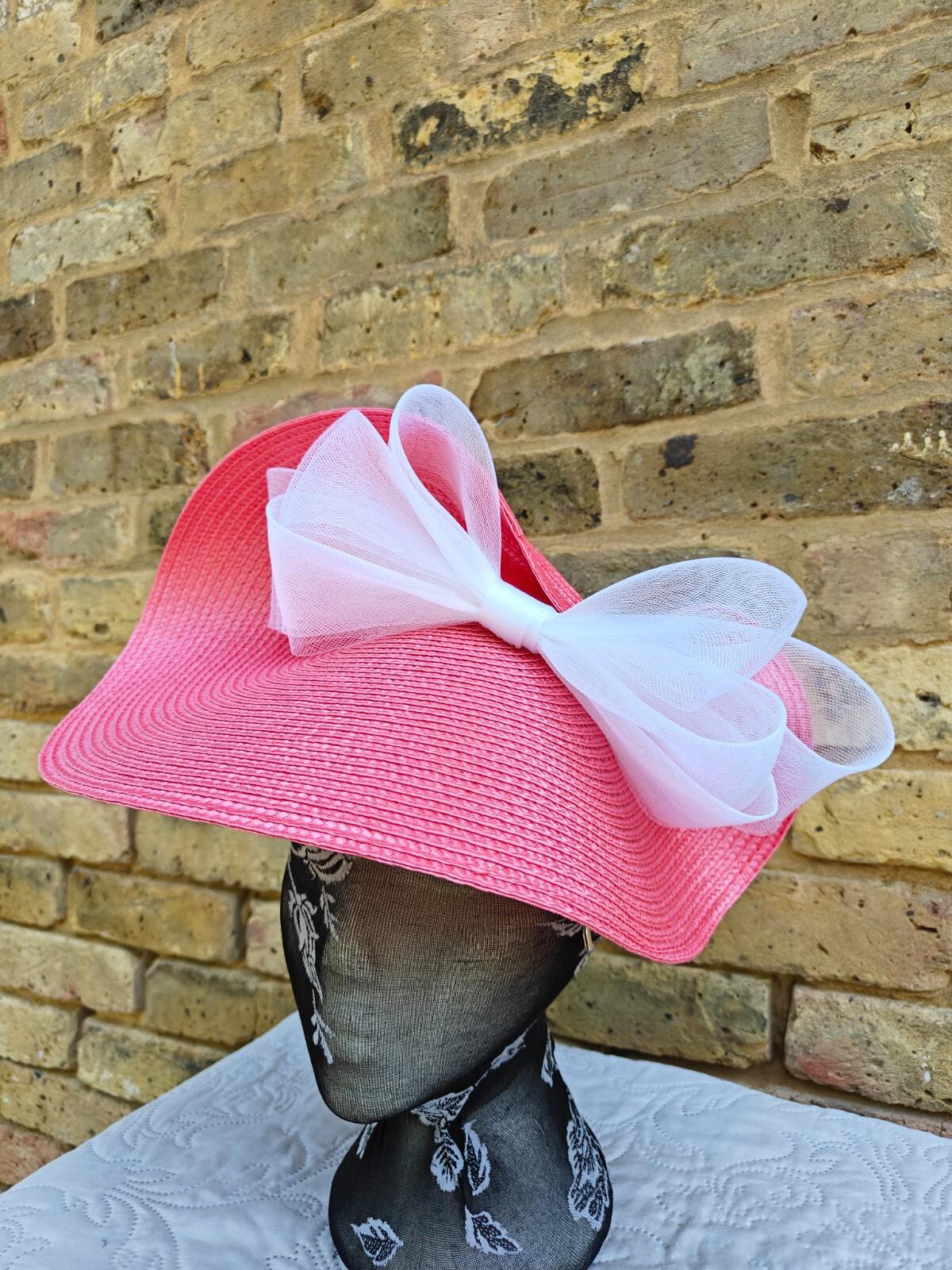 coral pink white large straw fascinator millinery headband wedding hat ascot