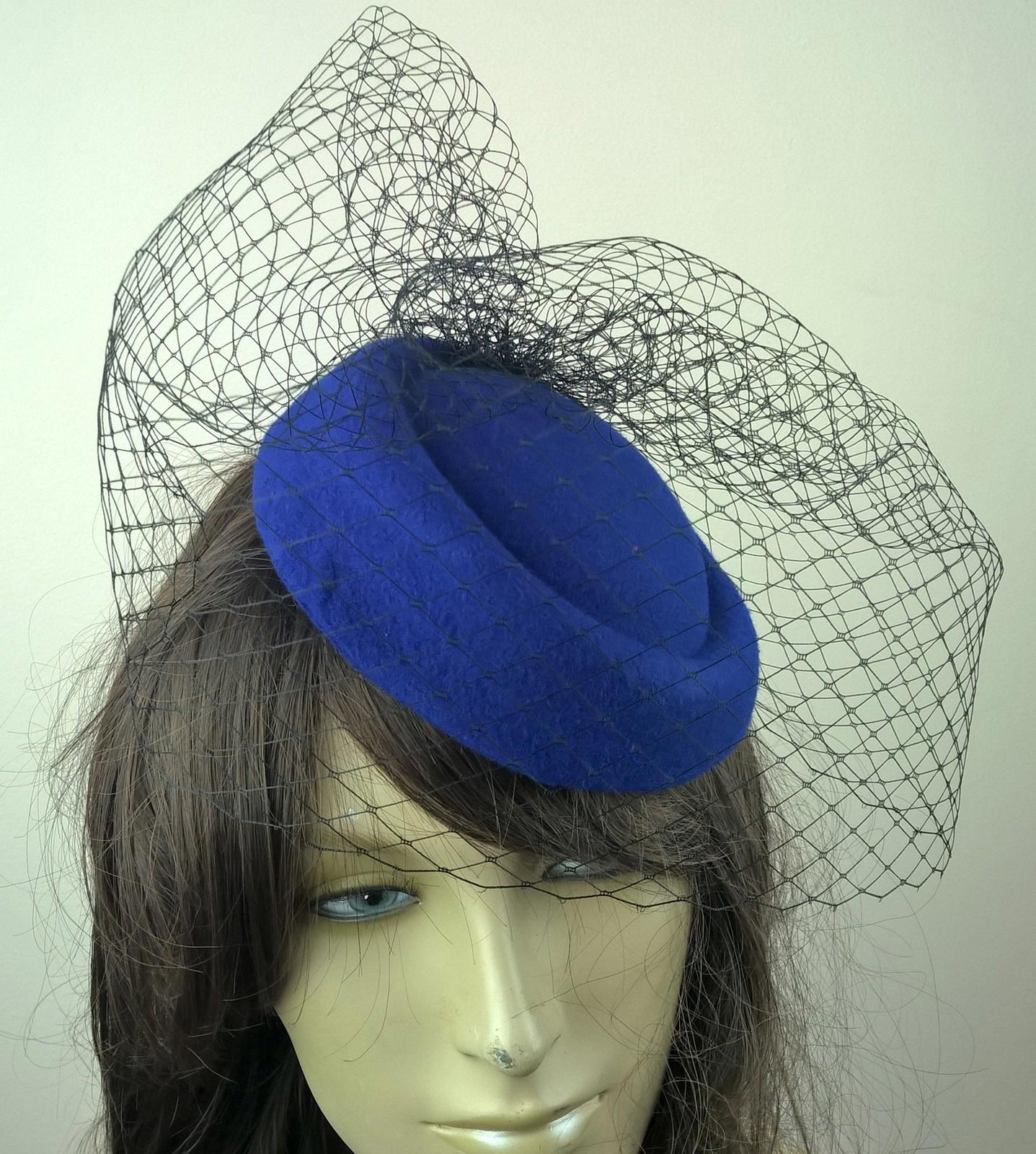 royal blue felt mini pill box hat black veiling french veil fascinator wedding