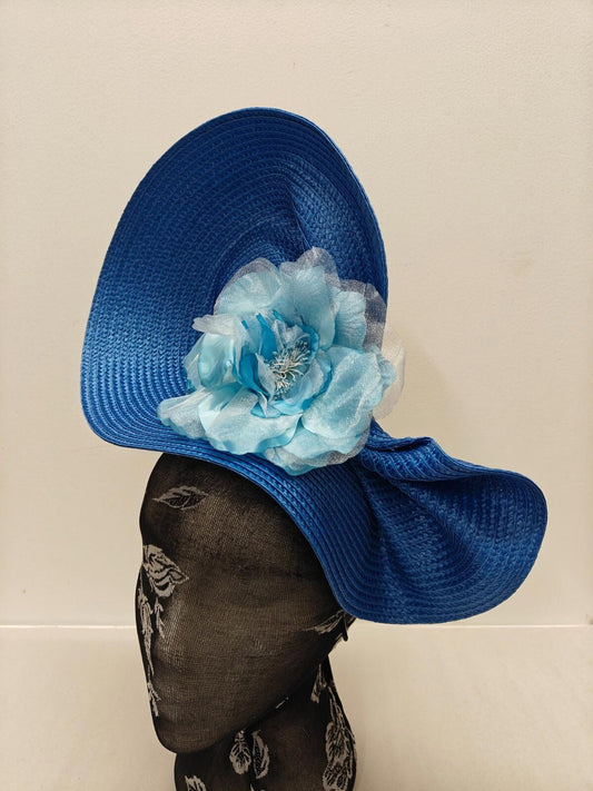 blue flower large straw fascinator millinery burlesque headband wedding hat