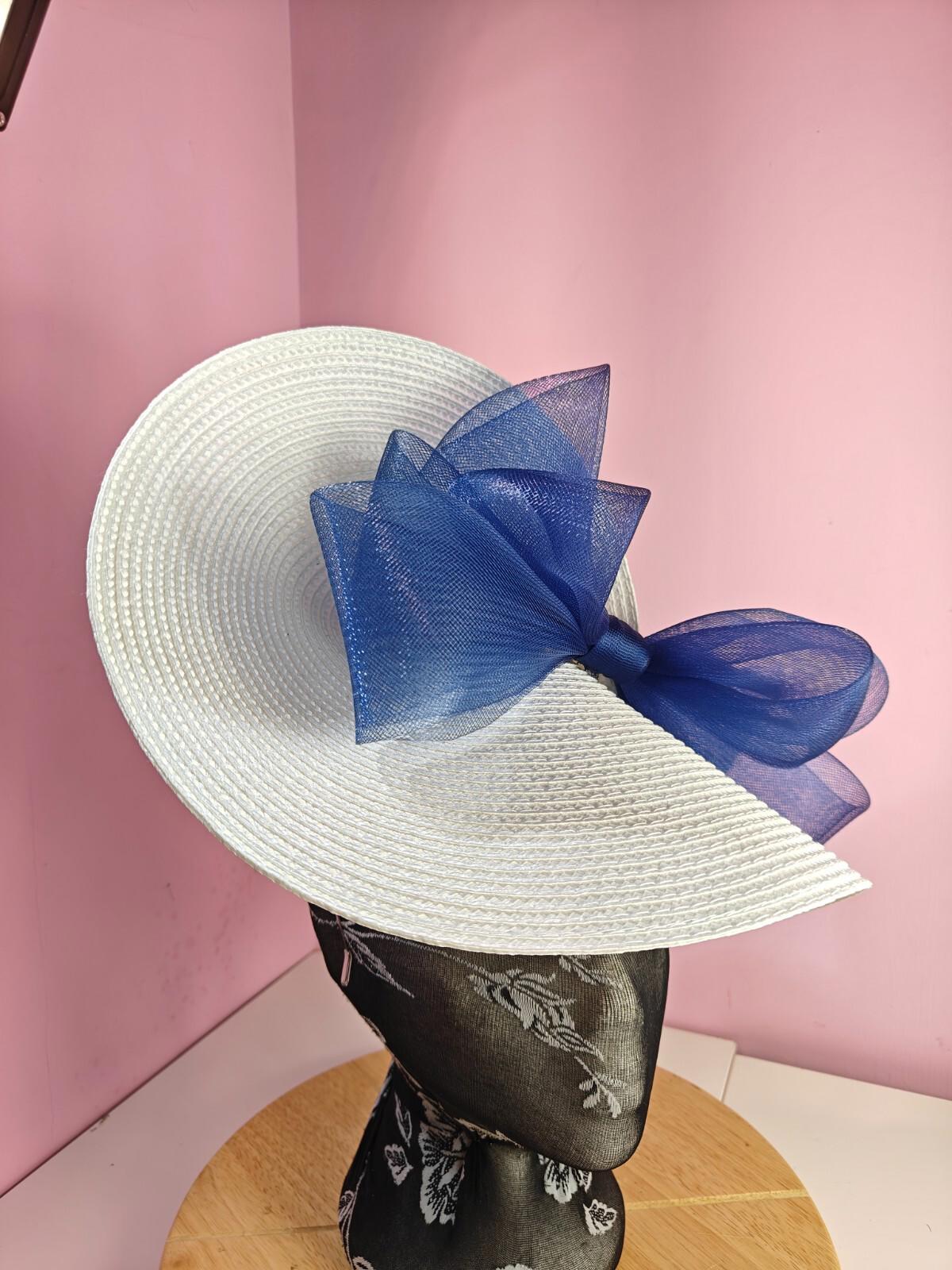 white blue large straw fascinator wedding hat Kentucky Derby Royal Ascot