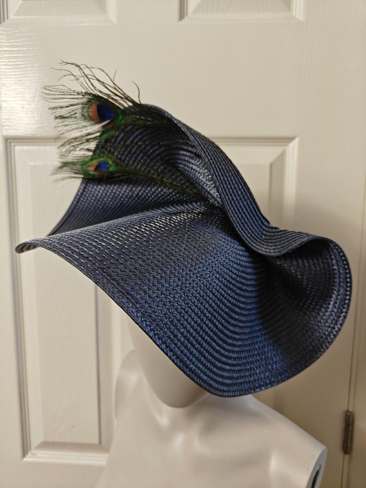steel blue large straw fascinator peacock feather millinery headband wedding hat