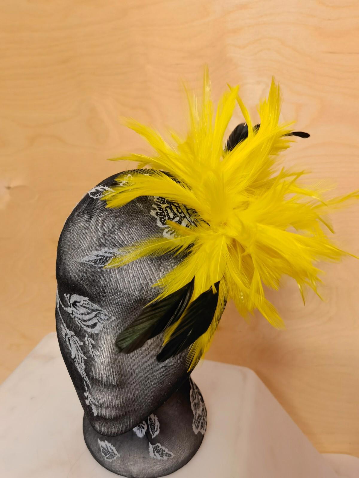 yellow fascinator millinery feather brooch clip hat hair piece party
