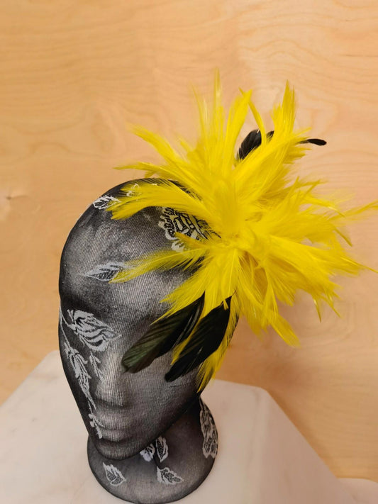 yellow fascinator millinery feather brooch clip hat hair piece party