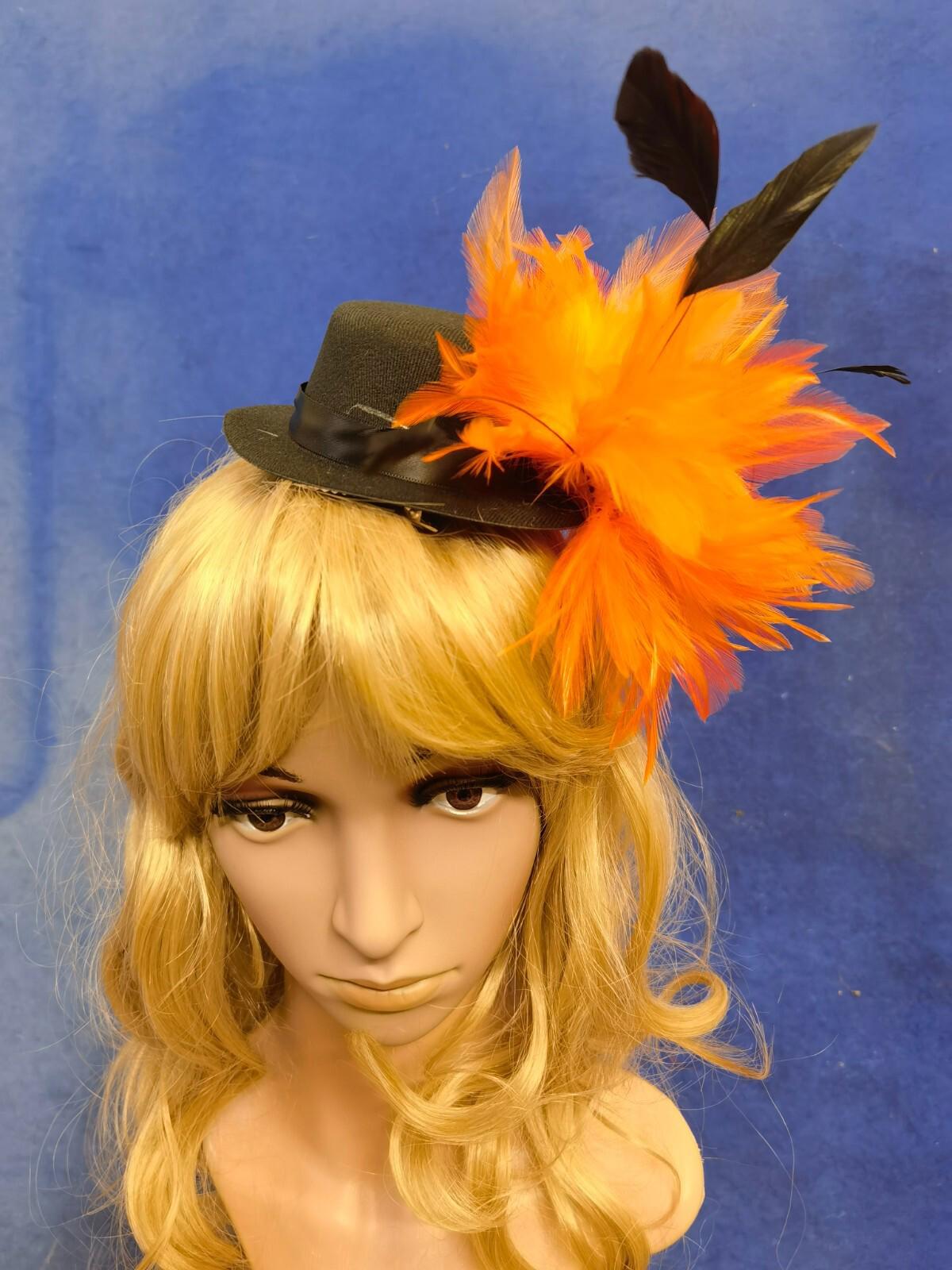 Orange black feather mini top hat fascinator millinery burlesque wedding 1