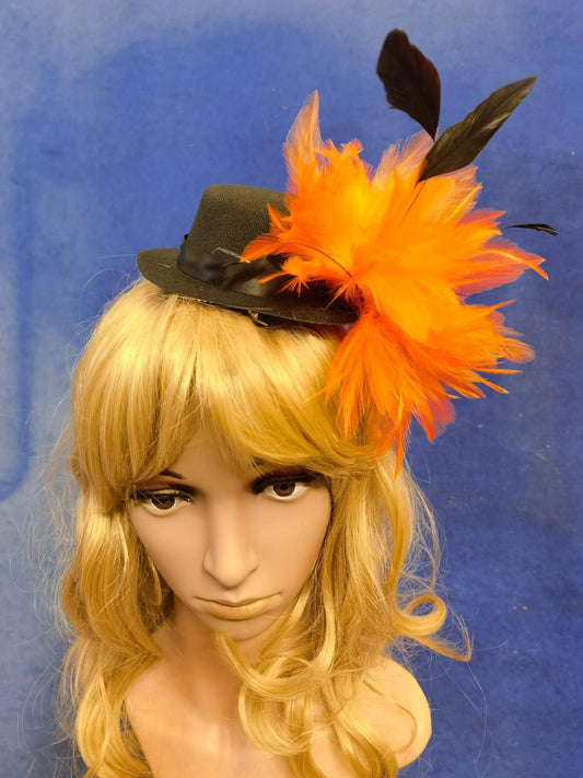 Orange black feather mini top hat fascinator millinery burlesque wedding 1