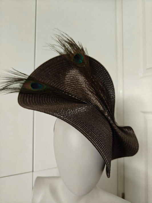 dark brown large straw fascinator peacock feather millinery headband wedding hat