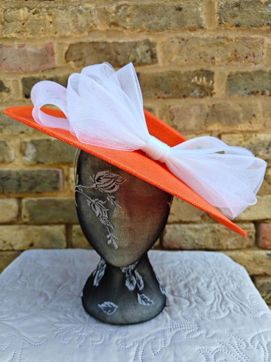 orange white large fascinator wedding hat  Kentucky Derby Royal Ascot bow