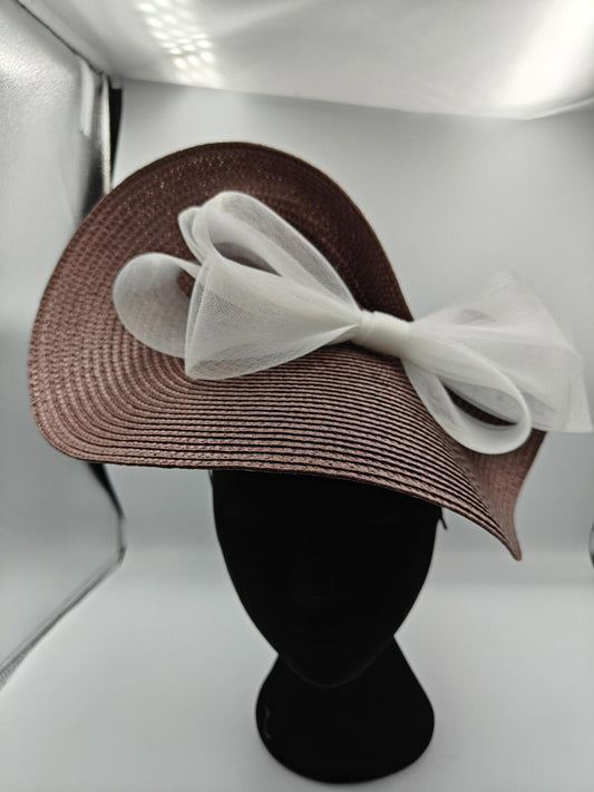 dark brown white bow straw fascinator millinery burlesque headband wedding hat
