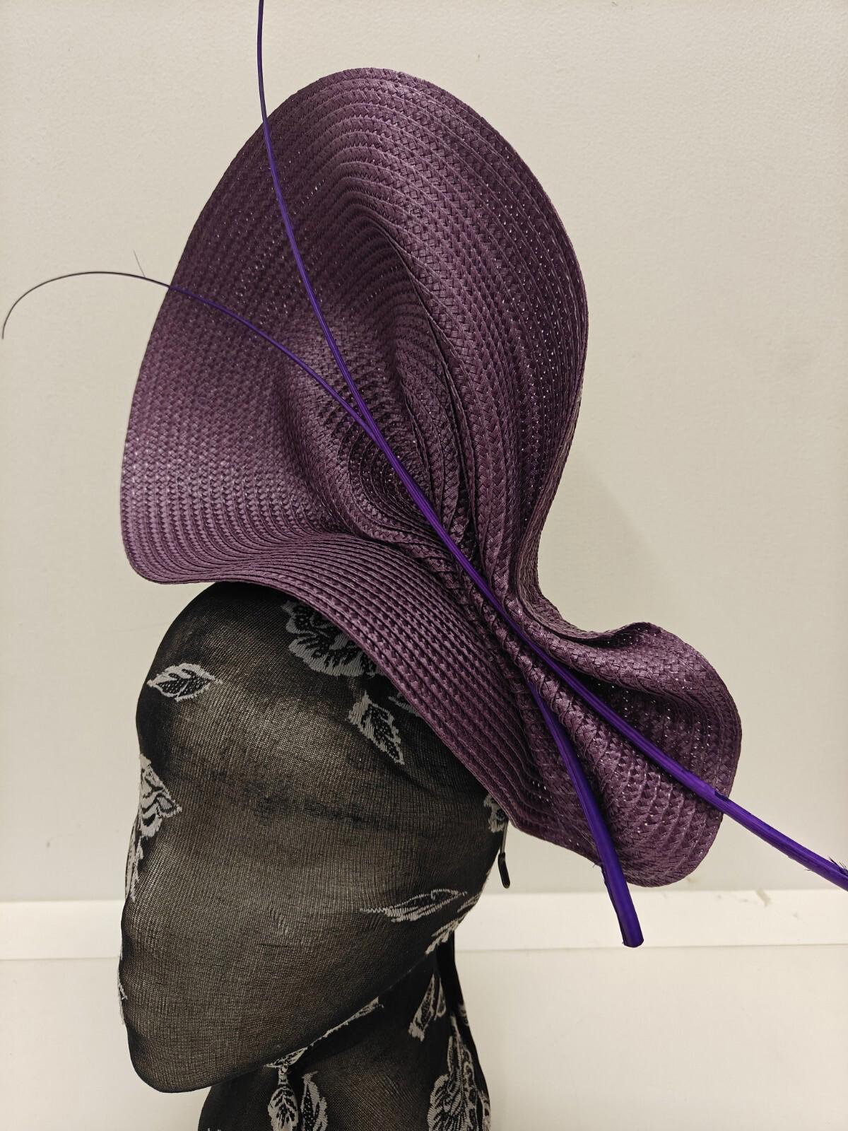 purple large straw fascinator ostrich quill spine millinery headband wedding hat