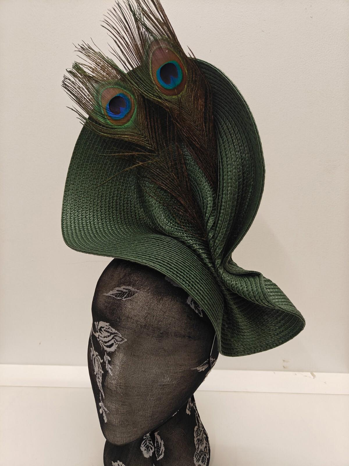 dark green large straw fascinator peacock feather millinery headband wedding hat