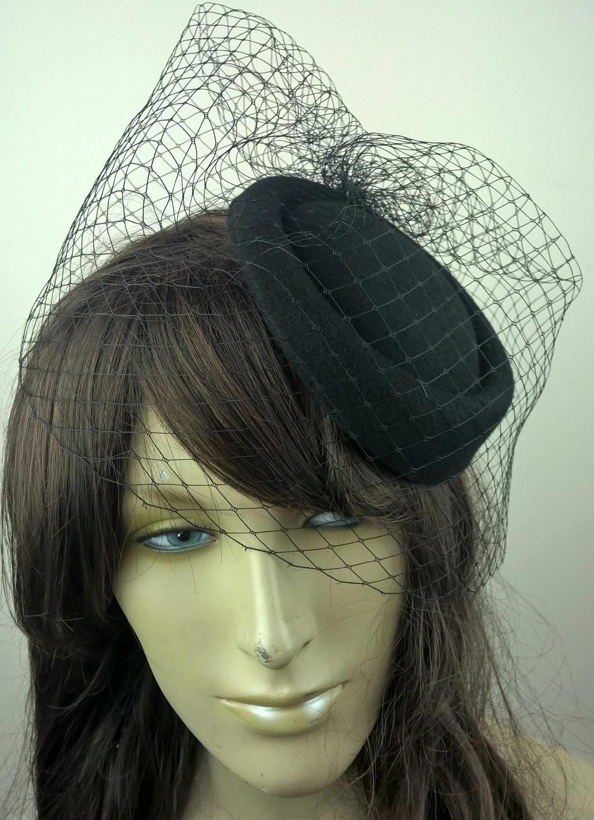 black felt mini pill box hat black veiling french veil fascinator wedding