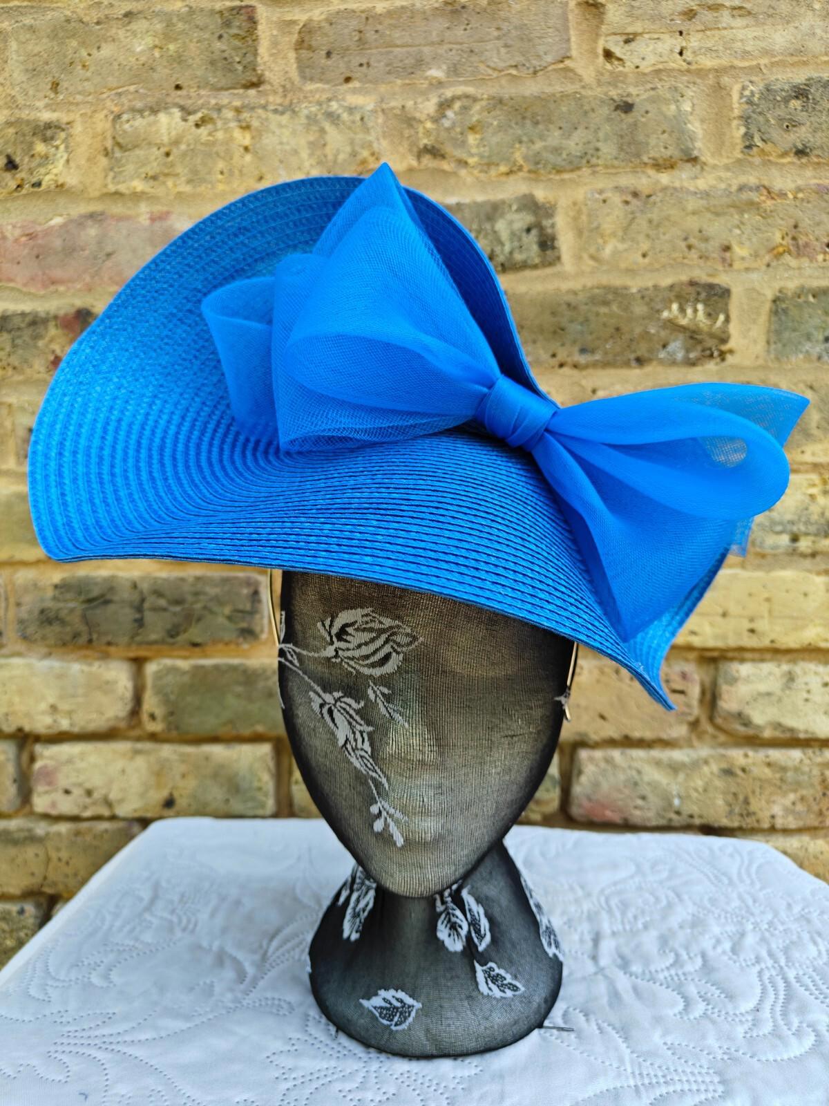 blue large straw fascinator millinery headband wedding hat ascot